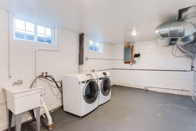 3909 Xerxes Ave S, Minneapolis, MN 55410 - washroom with electric panel, concrete block wall, and washer and clothes dryer