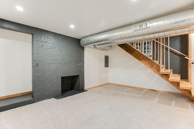 3909 Xerxes Ave S, Minneapolis, MN 55410 - finished below grade area featuring carpet flooring, a fireplace, stairway, recessed lighting, and electric panel