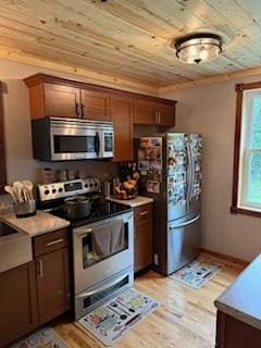 40815 Shadow Dr, Clitherall, MN 56524 - kitchen featuring stainless steel appliances, wood ceiling, light wood-style floors, and light countertops