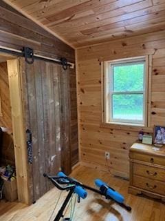 40815 Shadow Dr, Clitherall, MN 56524 - workout area featuring wooden ceiling, wooden walls, and wood finished floors
