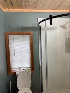 40815 Shadow Dr, Clitherall, MN 56524 - bathroom featuring wooden ceiling and a stall shower