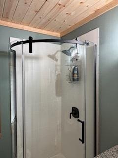40815 Shadow Dr, Clitherall, MN 56524 - bathroom featuring wooden ceiling and a stall shower