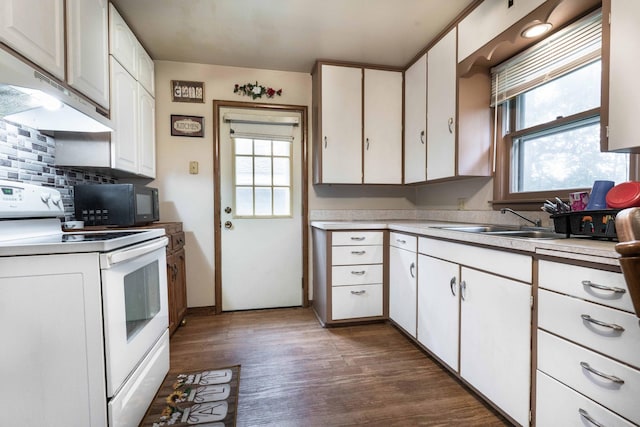 505 1st Ave SE, Pelican Rapids, MN 56572 - kitchen featuring white range with electric stovetop, under cabinet range hood, black microwave, backsplash, and dark wood-style flooring