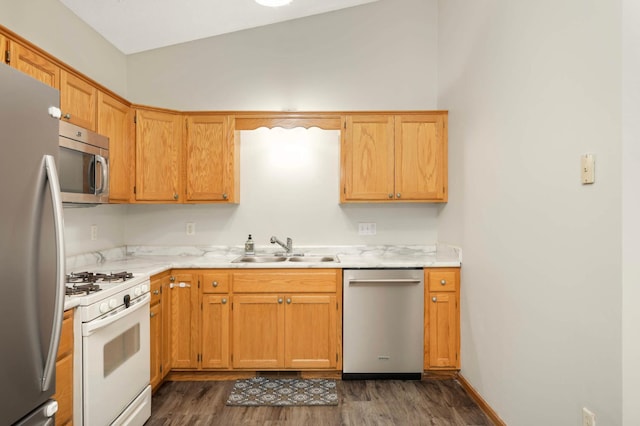 2721 230th Ct NW, Saint Francis, MN 55070 - kitchen with stainless steel appliances, dark wood finished floors, light countertops, and lofted ceiling