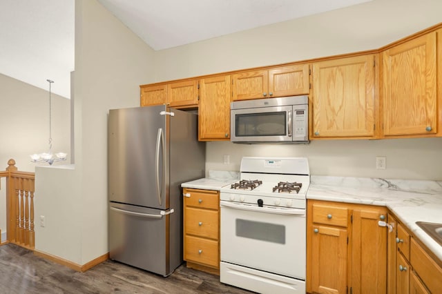 2721 230th Ct NW, Saint Francis, MN 55070 - kitchen with stainless steel appliances, dark wood finished floors, a chandelier, and light countertops