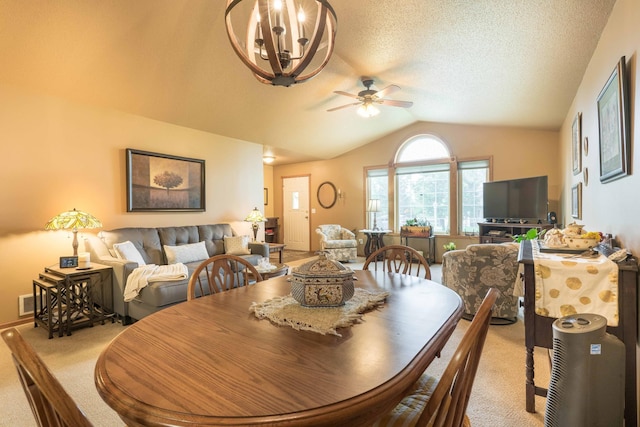 1715 Aspen Ln, Fergus Falls, MN 56537 - carpeted dining space featuring ceiling fan and vaulted ceiling