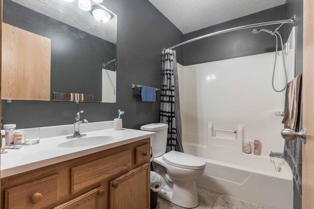 603 7th Ave, Osakis, MN 56360 - bathroom with shower / bathtub combination with curtain, vanity, a textured ceiling, and tile patterned flooring