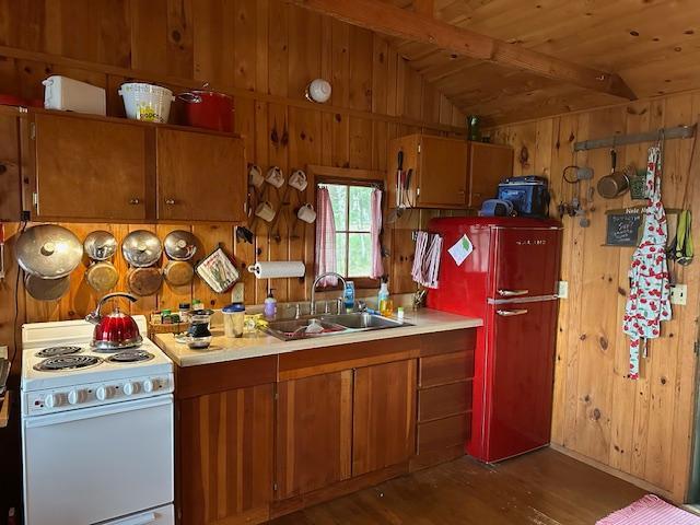 20519 485th St, Mcgregor, MN 55760 - kitchen featuring white electric range, wooden ceiling, wood walls, wood finished floors, and brown cabinetry