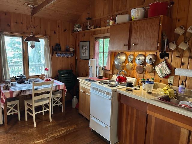 20519 485th St, Mcgregor, MN 55760 - kitchen featuring white range with gas cooktop, wood ceiling, vaulted ceiling, light countertops, and wood walls