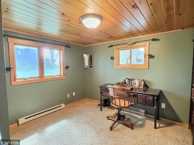 8243 Greer Ave NW, Maple Lake, MN 55358 - carpeted home office featuring a baseboard heating unit, wooden ceiling, and crown molding
