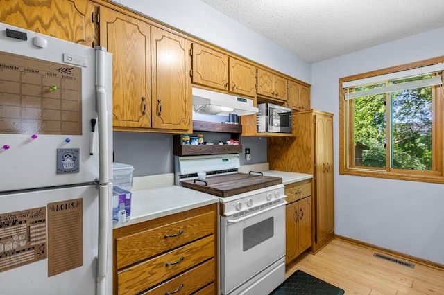 505 Brookview Ln SW, Isanti, MN 55040 - kitchen with white appliances, under cabinet range hood, light wood-type flooring, light countertops, and brown cabinets
