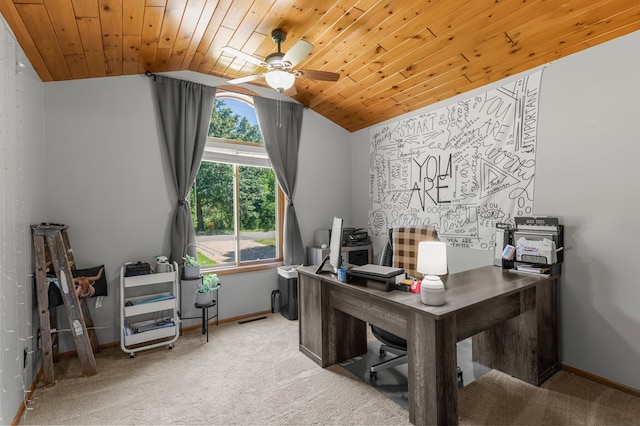 505 Brookview Ln SW, Isanti, MN 55040 - carpeted home office with lofted ceiling, a ceiling fan, and wood ceiling