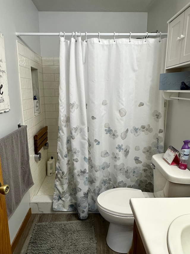 5735 County Road 1, Littlefork, MN 56653 - full bath featuring wood finished floors, vanity, and a shower with shower curtain
