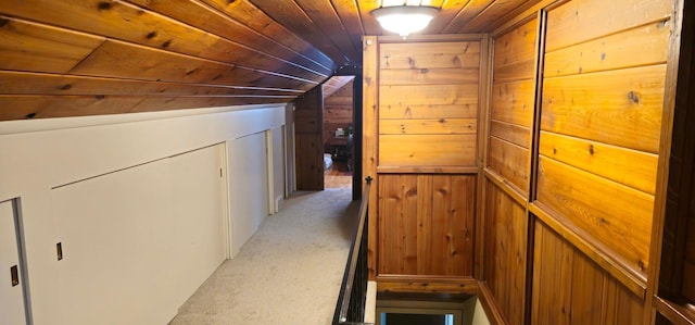 4837 Diane Dr, Minnetonka, MN 55343 - corridor featuring wooden ceiling, light carpet, wood walls, and lofted ceiling