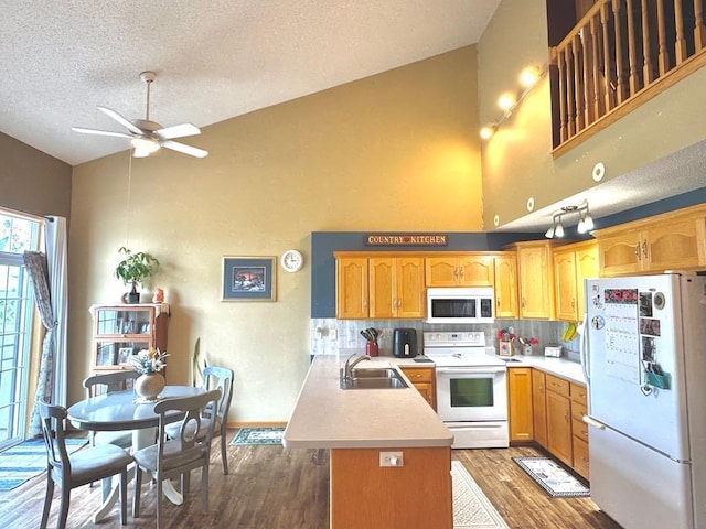 110 Glenshire Blvd S, Watkins, MN 55389 - kitchen with white appliances, a peninsula, wood finished floors, a ceiling fan, and light countertops