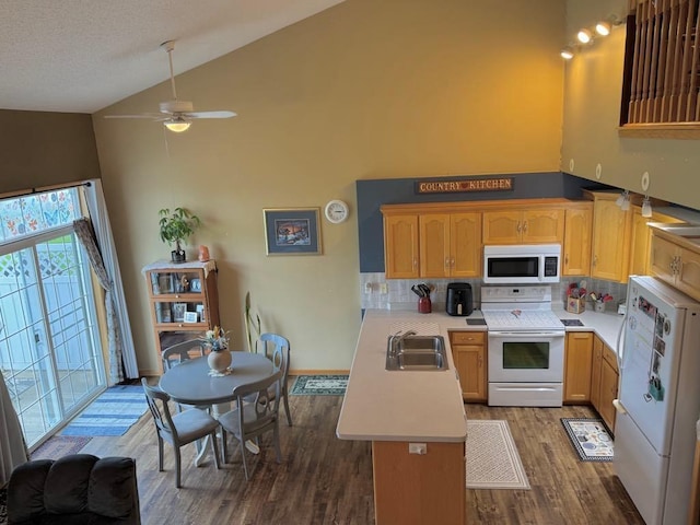 110 Glenshire Blvd S, Watkins, MN 55389 - kitchen featuring white appliances, a peninsula, wood finished floors, high vaulted ceiling, and light countertops