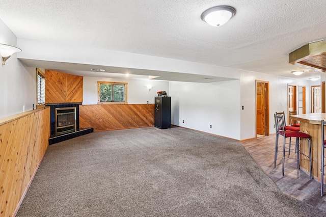 733 Meadow Dr, Hudson, WI 54016 - unfurnished living room with wood walls, a textured ceiling, a fireplace, carpet floors, and a wainscoted wall