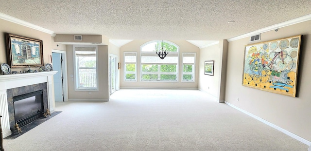 2670 Kelley Pkwy Unit 312, Orono, MN 55356 - unfurnished living room with ornamental molding, carpet floors, a fireplace with flush hearth, a chandelier, and healthy amount of natural light