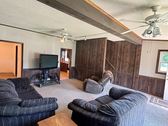 720 Fir Ave, Bird Island, MN 55310 - carpeted living area with ceiling fan, a textured ceiling, wooden walls, wainscoting, and rail lighting