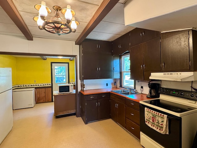 720 Fir Ave, Bird Island, MN 55310 - kitchen featuring under cabinet range hood, white appliances, a chandelier, beamed ceiling, and dark brown cabinetry