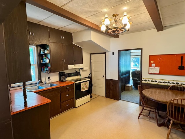 720 Fir Ave, Bird Island, MN 55310 - kitchen featuring electric stove, a chandelier, beamed ceiling, a wainscoted wall, and plenty of natural light