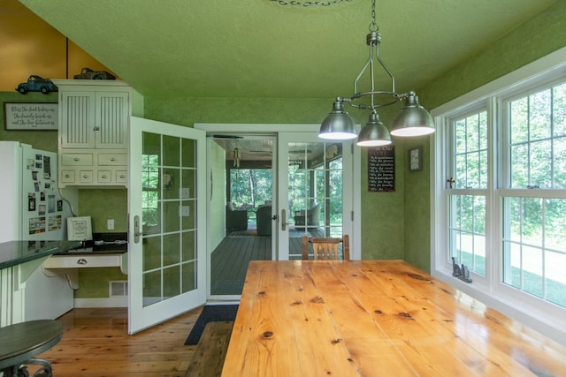 1069 134th St SW, Sylvan Twp, MN 56473 - unfurnished dining area with french doors, wood finished floors, healthy amount of natural light, and a textured ceiling