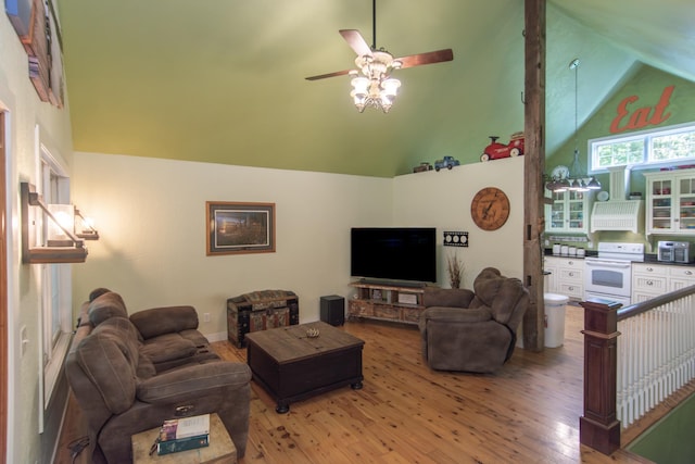 1069 134th St SW, Sylvan Twp, MN 56473 - living room with light wood-style floors, high vaulted ceiling, and a ceiling fan