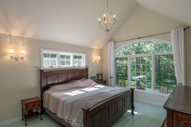1069 134th St SW, Sylvan Twp, MN 56473 - bedroom featuring a chandelier, light wood-type flooring, and high vaulted ceiling