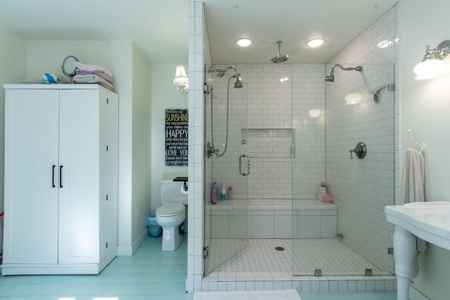 1069 134th St SW, Sylvan Twp, MN 56473 - bathroom featuring a stall shower and recessed lighting