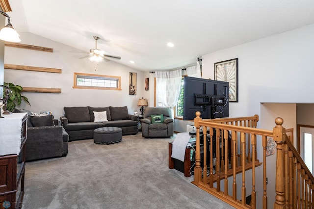 106 12th St NE, Barnesville, MN 56514 - living room featuring vaulted ceiling, carpet floors, and a ceiling fan