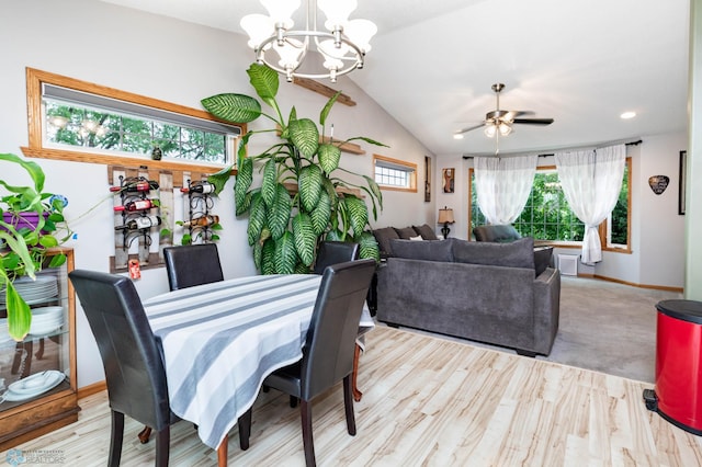 106 12th St NE, Barnesville, MN 56514 - dining area with a chandelier, lofted ceiling, a ceiling fan, wood finished floors, and recessed lighting