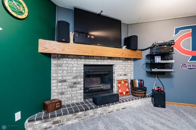 106 12th St NE, Barnesville, MN 56514 - living area with a brick fireplace, carpet, and a textured ceiling