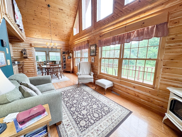34002 Fiske View Dr, Underwood, MN 56586 - living area featuring log walls, a chandelier, high vaulted ceiling, wood finished floors, and wood ceiling