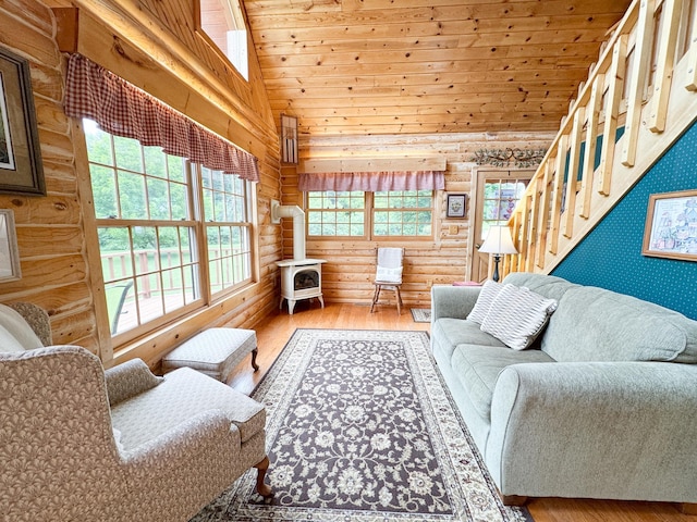 34002 Fiske View Dr, Underwood, MN 56586 - living area with a wood stove, vaulted ceiling, log walls, wood finished floors, and wood ceiling