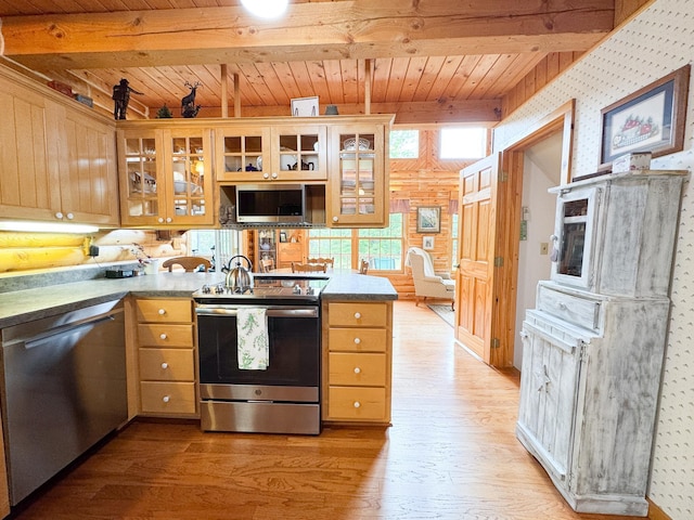 34002 Fiske View Dr, Underwood, MN 56586 - kitchen with appliances with stainless steel finishes, a wooden ceiling with exposed beams, light wood-style floors, a peninsula, and wallpapered walls