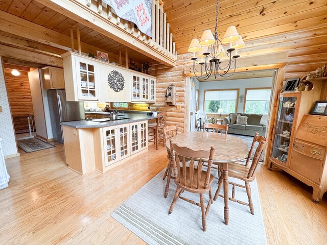 34002 Fiske View Dr, Underwood, MN 56586 - dining area with log walls, light wood finished floors, a chandelier, and wooden ceiling