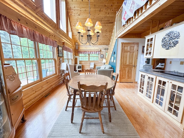 34002 Fiske View Dr, Underwood, MN 56586 - dining space with light wood finished floors, a chandelier, healthy amount of natural light, high vaulted ceiling, and wood ceiling