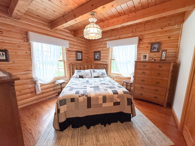34002 Fiske View Dr, Underwood, MN 56586 - bedroom with light wood-type flooring, rustic walls, and a wood ceiling with exposed beams