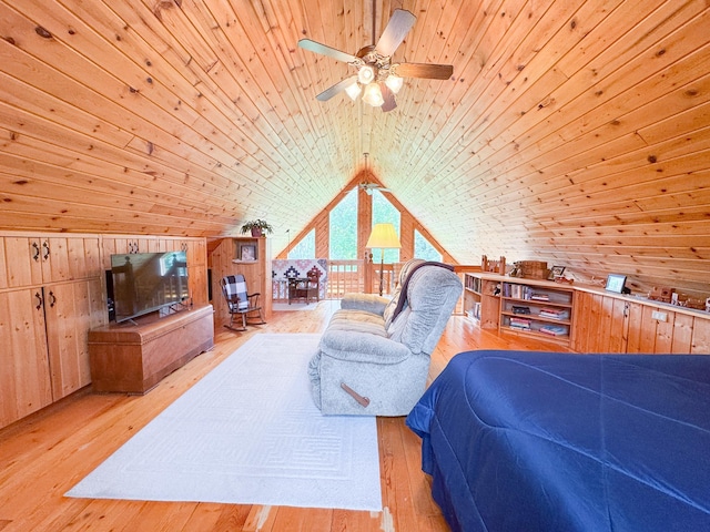 34002 Fiske View Dr, Underwood, MN 56586 - bedroom featuring wooden ceiling, lofted ceiling, wood finished floors, wooden walls, and access to outside