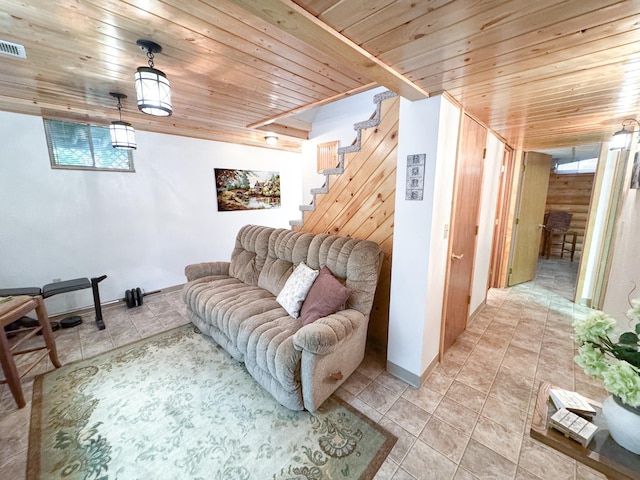 34002 Fiske View Dr, Underwood, MN 56586 - living area with wood ceiling and stairs