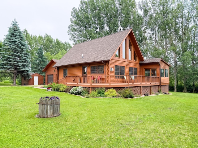 34002 Fiske View Dr, Underwood, MN 56586 - back of property with a deck, a storage shed, a yard, and roof with shingles