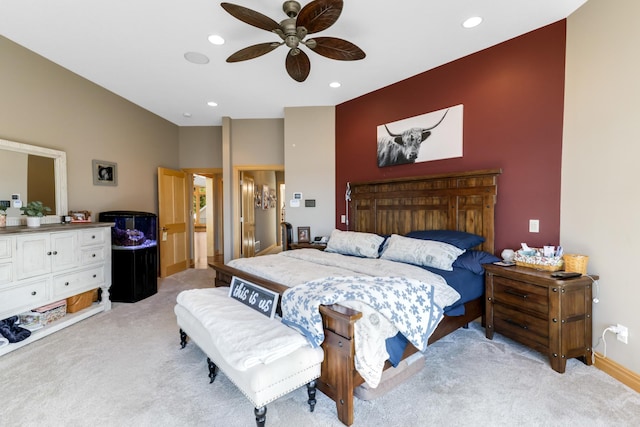 22620 Hayward Ave N, Forest Lake, MN 55025 - bedroom with light carpet, recessed lighting, and a ceiling fan