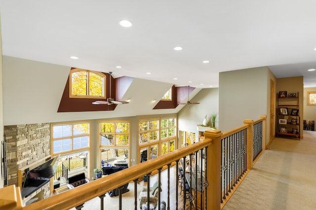 22620 Hayward Ave N, Forest Lake, MN 55025 - hallway with a towering ceiling, recessed lighting, healthy amount of natural light, carpet, and an upstairs landing