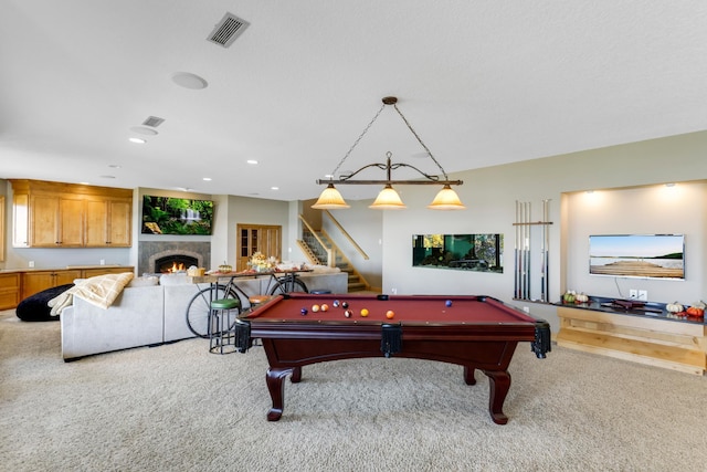 22620 Hayward Ave N, Forest Lake, MN 55025 - rec room featuring carpet flooring, pool table, a warm lit fireplace, and recessed lighting