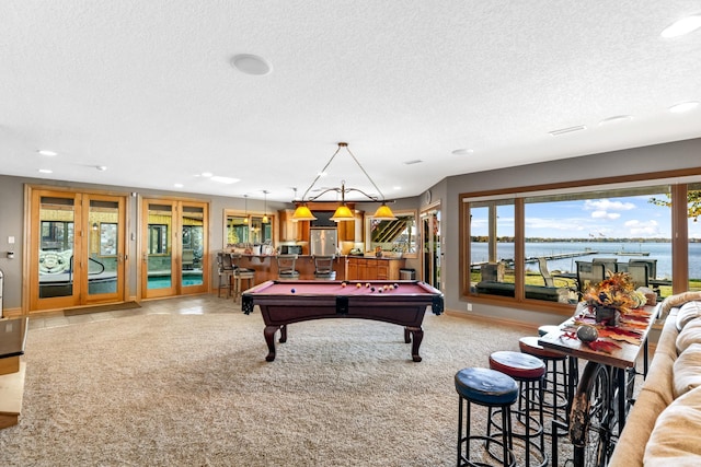 22620 Hayward Ave N, Forest Lake, MN 55025 - rec room with a textured ceiling, recessed lighting, billiards, and a water view