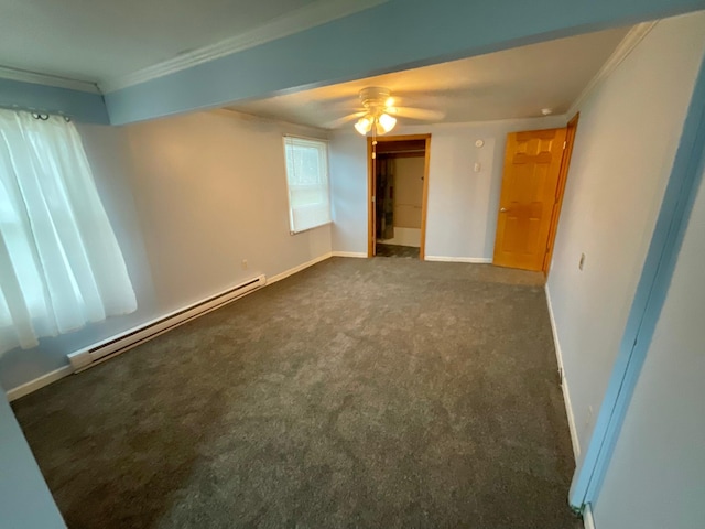 108 Johnson St NE, Brownsdale, MN 55918 - unfurnished room with a baseboard heating unit, ornamental molding, carpet flooring, and ceiling fan