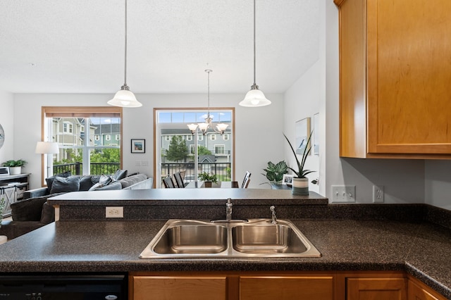 15588 Early Bird Cir Unit 1704, Apple Valley, MN 55124 - kitchen featuring dark countertops, black dishwasher, open floor plan, a chandelier, and brown cabinets
