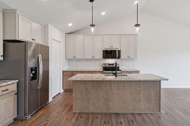 1096 Prospect Pointe Rd, Jordan, MN 55352 - kitchen with stainless steel appliances, vaulted ceiling, dark wood-type flooring, tasteful backsplash, and light stone countertops