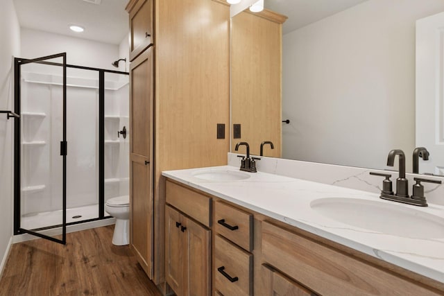1096 Prospect Pointe Rd, Jordan, MN 55352 - full bath featuring wood finished floors, a stall shower, and double vanity