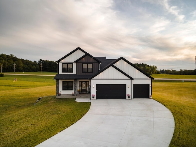 1205 Skyview Cir NW, Rochester, MN 55901 - modern inspired farmhouse with an attached garage, a front yard, concrete driveway, and board and batten siding